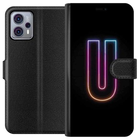 Kompatibel Tegnebogsetui til Motorola Motorola Moto G23 Minimalistisk neonbogstav U i farverig lyseffekt mod sort baggrund