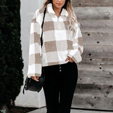 Plädtröja För Damer Fuzzy Sweatshirts Med Blixtlås Framtill