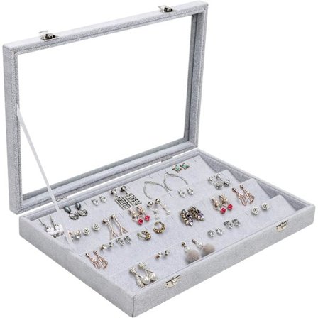 Øreringe Organizeringsbakke Display Grå Velour med 50 Rum og Låg - 4-lags Smykkeorganisator Øreringe Display med Klart Glaslåg Stud Øreringe-FA-