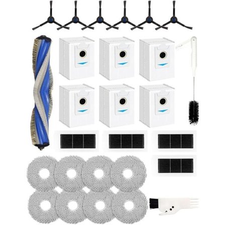 27 stk. reservedeler for ECOVACS DEEBOT X5 Omni - 1 hovedbørste, 6 sidebørster, 4 HEPA-filtre, 6 støvposer, 8 rengjøringsputer