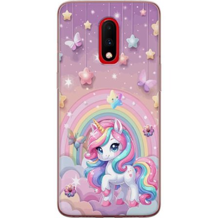 Yhteensopiva Puhelinkuori OnePlus 7 Maaginen yksisarvinen, jolla on sateenkaarimane, tähtiä ja perhosia vasten pastellinväristä taivasta, jossa on