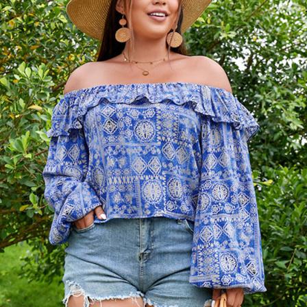 T-shirt Med Blommönster För Damer, Off Shoulder Print