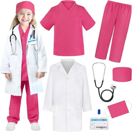Läkare utklädnad för barn - Scrubs, Stetoskop, Labbrock - Halloweenkostym, Yrkesdagskostym för flickor 3-12 år 9-11 År 9-11 År