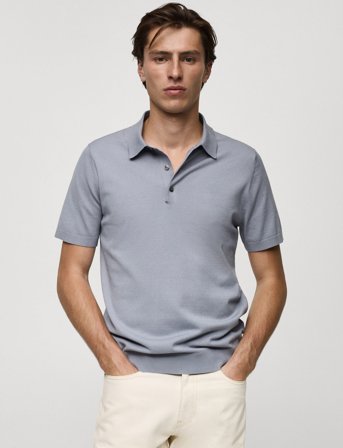 Mango Fine-Knit Polo Shirt - Blue - M