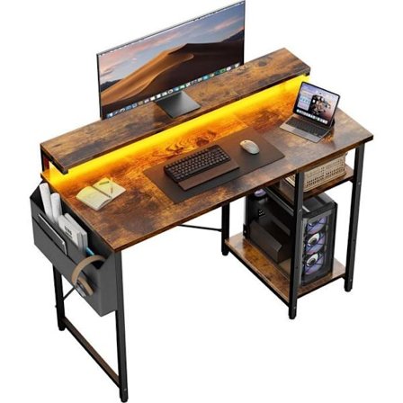 Tietokonepöytä - EcoFurnix - 100 x 48 cm - Kaksitasoinen malli - LED-valaistus - Korkeussäädettävä - Ruskea