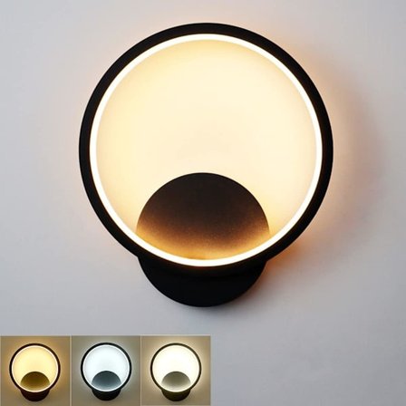 12W LED-vägglampa inomhus, rund svart designvägglampa, tre ljuslägen: varmvit, naturvit och kallvit, RA≥85