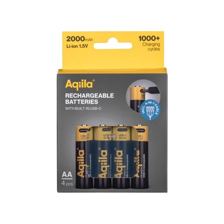 Aqiila USB-C Rechargeable Battery, Size AA, 2000 mAh, 1.5V (4-pack)
