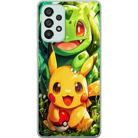 Samsung Galaxy A73 5G Genomskinligt Skal Pikachu och Bulbasaur sitter tätt tillsammans i ett solglittrande skogslandskap och sprider värme, vänskap