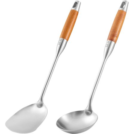 TsunNee 2 kpl ruostumattomasta teräksestä valmistettuja keittiövälinesettejä, 304 ruostumattomasta teräksestä valmistettu wok-lasta ja kauhasetti 