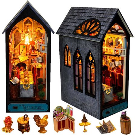 Bokhjørne-sett, DIY Magic World 3D trepuslespill med LED-lys, 3D treminiatyr dukkehus, kreativ gave