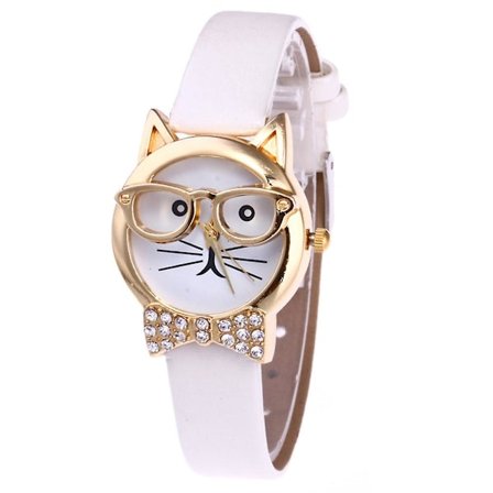 Søt Kattefjes Rund Skive Rhinestone Imitert Skinn Analog Quartz Armbåndsur[HK]