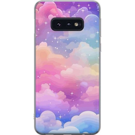 Kompatibelt Mobildeksel til Samsung Galaxy S10e Søt enhjørning med regnbuefarget hår mot en stjernebelagt pastellbakgrunn i kawaii-stil