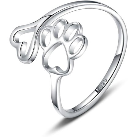 Valphundälskare Paw Print Ring Hjärta Form 925 Sterling Silver Justerbar Ring Djur Kreativ Kärlek Hund Katt Paw Ring Husdjursälskare Vän Familj 