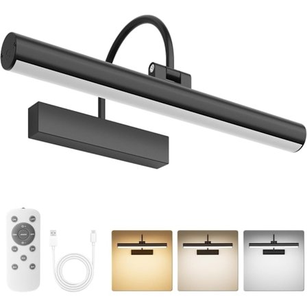 Uppladdningsbar tavellampa med fjärrkontroll, dimbar och 3 färgtemperaturer, batteridriven vägglampa med timer och minne