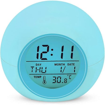 Digital vekkerklokke for barn, 7 farger endres, slumrefunksjon, 8 ringetoner, 12/24 timer, ett-trykkskontroll, innendørs temperaturvisning
