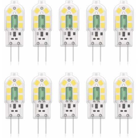 G4 2W LED-lampe, tilsvarer 20W halogenlamper, kaldhvit 6000k, 200Lm, 12x SMD, 12V AC/DC - 10-pakning [Energiklasse A+]