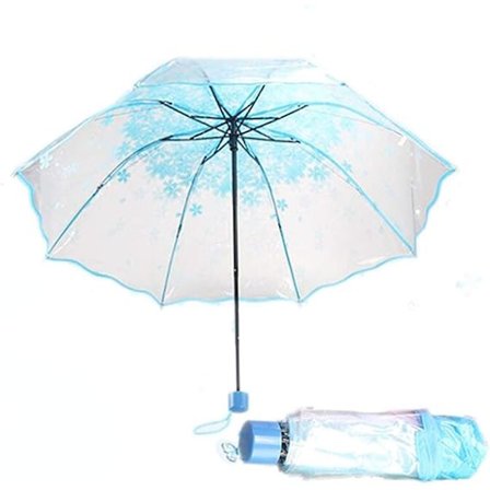 Transparent folde paraply (blå) kirsebærblomst transparent paraply, transparent regntæt folde paraply, let vindtæt kompakt paraply