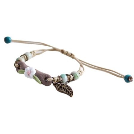 Damearmbånd Håndlaget Flettet Vevd Keramiske Perler Hul Blad Etnisk Stil Gave Justerbart Blomsteranheng Studentarmbånd Tau Mote Smykker