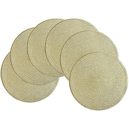 Set med 6 runda vävda bordstabletter i bomull, guldbling, handgjorda, torkbara, för högtidsfest, bröllop, glitterbordstabletter, runt set om 6, guld