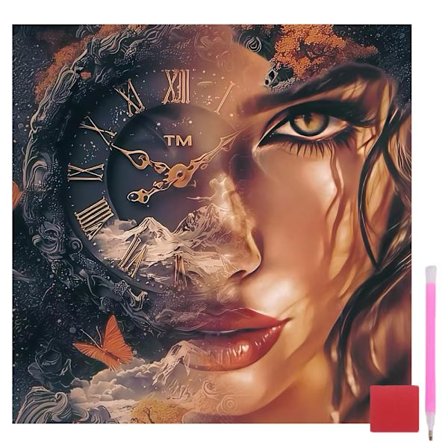 Diamond Art Kits til voksne Mystisk kvindes ansigt & ur, DIY diamantmaleri kit til begyndere, fuld rund borekunst, diamant prikker malerier 