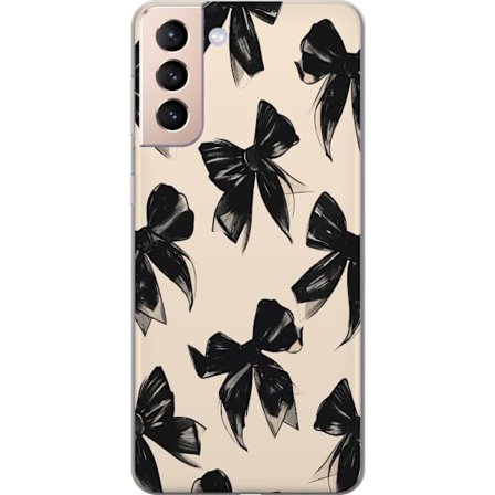 Samsung Galaxy S21 Läpinäkyvä kuori Mustat nauhat beige taustalla tyylikkäällä suunnittelulla, pehmeillä kontrasteilla ja elegantilla ajattomal
