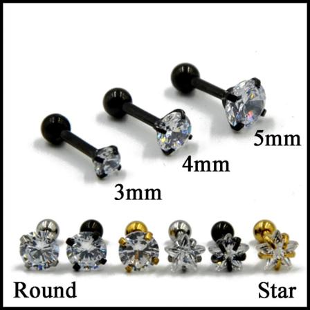 Helix Tragus -korvakoru 1 kpl Pyöreä & Tähti Zirkonilla RUNDA SVART 5MM