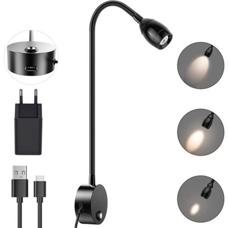 ERAY vægmonteret læselampe, LED-sengelampe, berøringskontakt, fokuserbar, 3 W