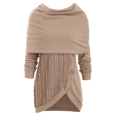 Dam plus size enfärgad stickning med knäppning, huva och oregelbunden design
