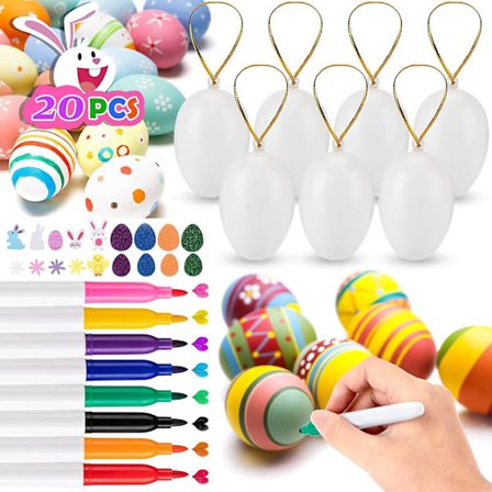 Påskeæg Dekorationskit, 20 stk. Plastik Påskeæg Hængende Ornament Sæt til Børn at Male & Dekorere, med Farvepen Sticker til Hængende Plast