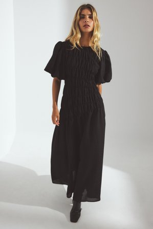 NA-KD Midikleid mit Smockdetail und Puffärmeln - Gesmokte Kleider - Schwarz - EU 38