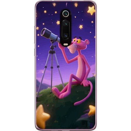 Xiaomi Mi 9T Pro Gennemsigtig cover Pink Panther Stars motiv med Rosa Panteren, der kigger gennem et teleskop blandt stjerner, charmerende og retro