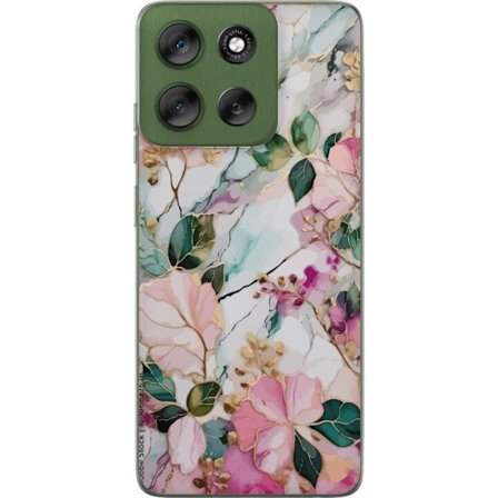 Kompatibel Mobilcover til Motorola Moto G56 Abstrakt marmormønster med blomster, blade og gyldne detaljer i bløde pastelfarver