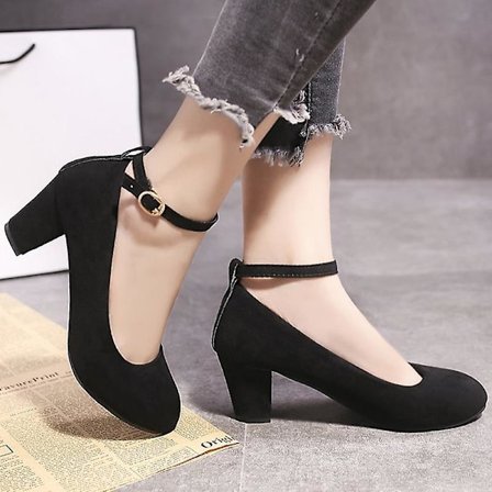 Rosa runde høyhælte sko for kvinner, tykk hæl, kontorpumps, damesko, svart