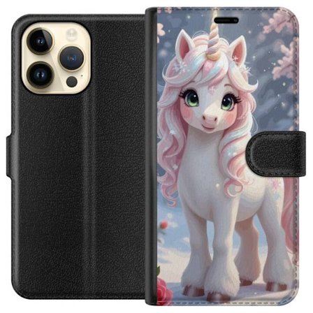 Kompatibel Tegnebogsetui til Apple iPhone 14 Pro Max Pastellfärgad enhörning med regnbågsmane och stora ögon i sagolik vintermiljö