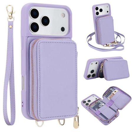 til iPhone 17 Taske Wallet Case, PU Læder Crossbody Telefon Taske med Lynlåslomme, Kreditkort Holder Håndledsrem rød iPhone 17