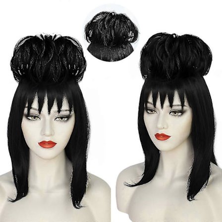 og Halloween-gaver Halloween Kvinner Lydia Deetz Cosplay Parykk Rollespill 45CM Svart Syntetisk Rett Hår Cosplay Parykk for Halloween