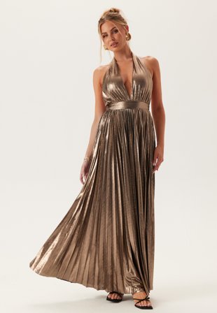 Goddiva Deep V Pleated Halter Maxi Dre Bronze Vaatteet