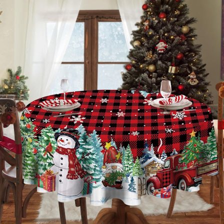 Rund duk med trykt juletresnømanndesign, perfekt for julepiknik og middager. Snømannbildesign, 1,5 m x 1,5 m.