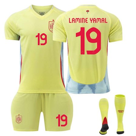 Store Black Friday Tilbud! 2024 UEFA European Championship Børnefodboldtrøje Sæt Spanien Hjemme No.19 LAMINE YAMAL Udebane