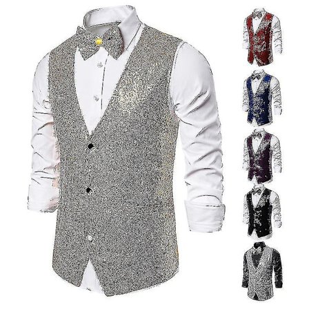 Herre Skinnende Paillet Vest, V-hals Jakkesæt Vest