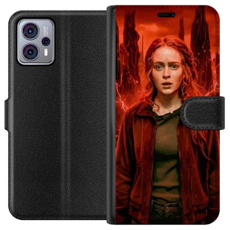 Kompatibelt Plånboksfodral till Motorola Moto G23 Porträtt av en ung kvinna med rött hår i en apokalyptisk landskap, röda blixtar och mörka klip
