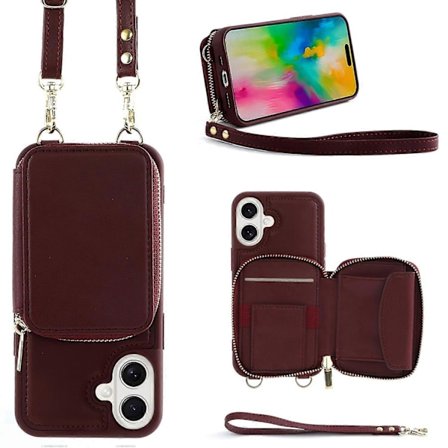 För iPhone 16 Plus Skal RFID-blockerande Plånbok med Dragkedja Läder Telefonskydd med Remmar - Roséguld