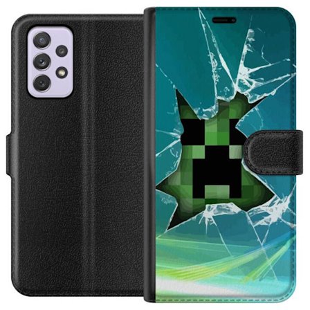 Kompatibelt Plånboksfodral till Samsung Galaxy A52s 5G Minecraft Creeper genom krossat glas med dramatisk explosionseffekt där ikoniska Creeper bryt