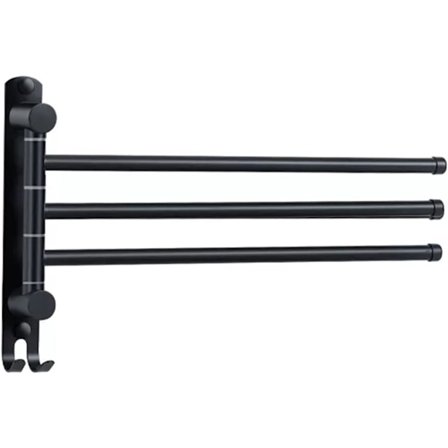 Drejelig håndklædeholder, 3-arms håndklædestang i rustfrit stål, vægmonteret med kroge (mat sort)