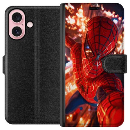 Kompatibelt Plånboksfodral till Apple Apple iPhone 16 Spider Man i intensiv action med gnistrande ljus och dynamiskt perspektiv i filmisk superhjält