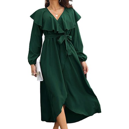 Kvinnors sexig V-hals volang långärmad tie midja Casual A Line