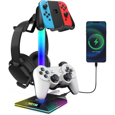RGB Gaming Headset Stativ med 2 USB-porte Headset Stativ med 10 Lystilstande og Skridsikker Gummi, Velegnet til Al