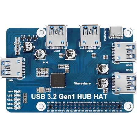 Waveshare USB 3.2 Gen1 HUB HAT til Raspberry Pi 4 med 4x USB 3.2 Gen1-porte op til 5 Gbps