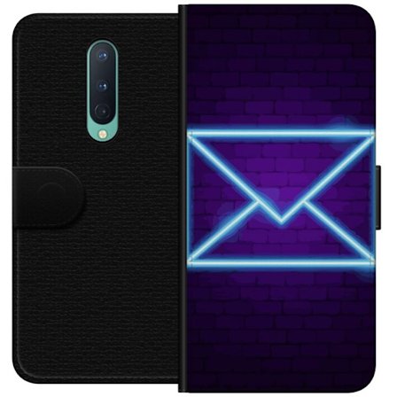 Yhteensopiva Lompakkokotelo OnePlus OnePlus 8 Neonilta illuustraatio kirjekuoresta sinisessä valossa lila tiiliseinää vasten, nykyaikainen symboli