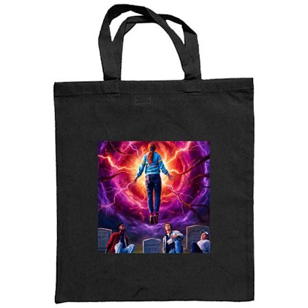 Stofpose Stranger Things-inspireret scene med svævende pige, energivortex, gravsten og stærke neonfarver, der skaber en følelse af mystik, sci-fi og